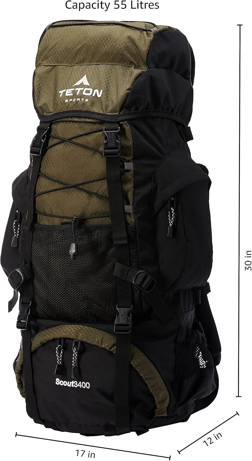 Teton 55l scout internal frame backpack for hiking camping backpacking travel rain cover included black