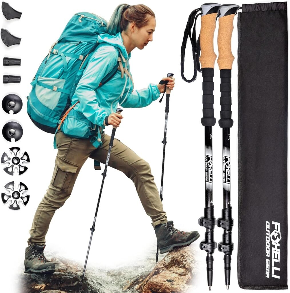 Foxelli Carbon Fiber Trekking Poles – Lightweight Collapsible Hiking Poles with Cork Grips, Lever Locks All Terrain Accessories Foxelli Carbon Fiber Trekking Poles – Lightweight Collapsible Hiking Poles with Cork Grips, Lever Locks All Terrain Accessories