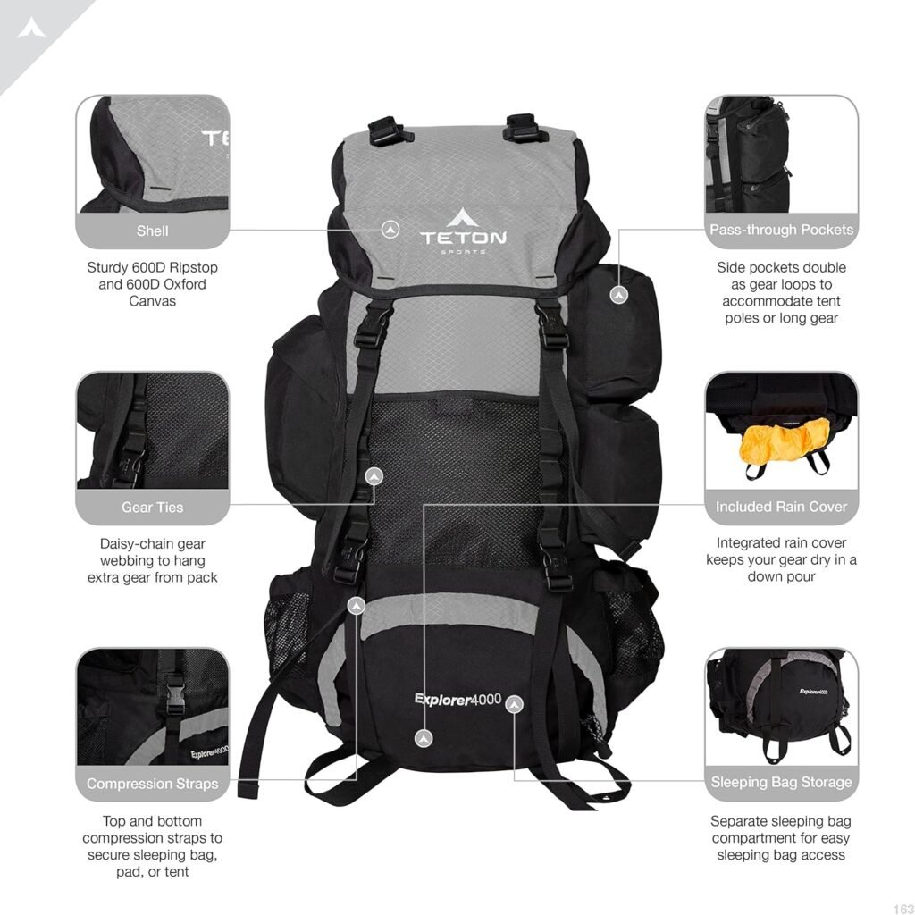 Teton 85L Explorer Internal Frame Backpack for Hiking, Camping, Backpacking, Rain Cover Included, Black