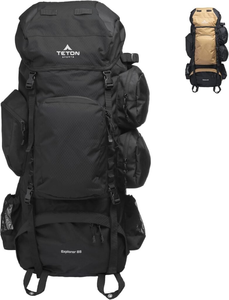 Teton 85L Explorer Internal Frame Backpack for Hiking, Camping, Backpacking, Rain Cover Included, Black