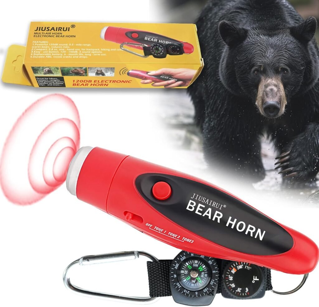 JIUSAIRUI 120dB Electronic Air Horn with Compass Thermometer- Bear Horn to Scare Bears - Self Defense for Hiking JIUSAIRUI 120dB Electronic Air Horn with Compass Thermometer- Bear Horn to Scare Bears - Self Defense for Hiking