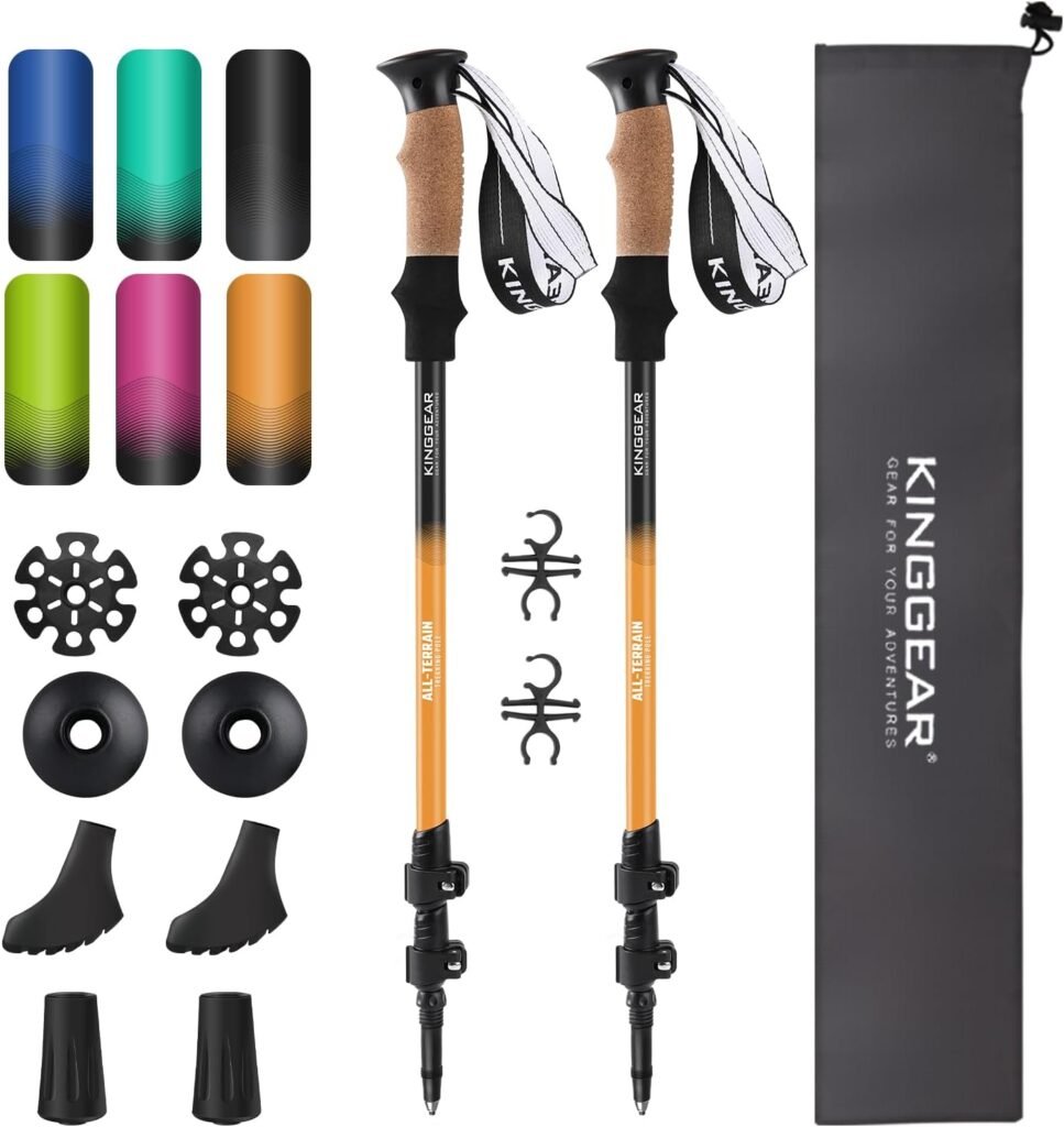 KINGGEAR Nordic Walking Stick, TP1 Hiking Poles Retractable Lightweight Aluminum, Trekking Poles with Flip Lock, Natural Cork and EVA Grip, 2pc Hiking Gear