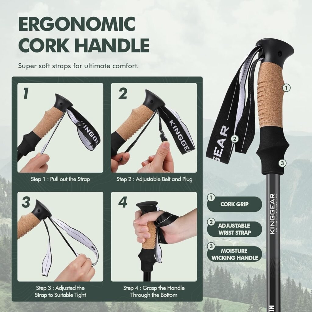 KINGGEAR Nordic Walking Stick, TP1 Hiking Poles Retractable Lightweight Aluminum, Trekking Poles with Flip Lock, Natural Cork and EVA Grip, 2pc Hiking Gear