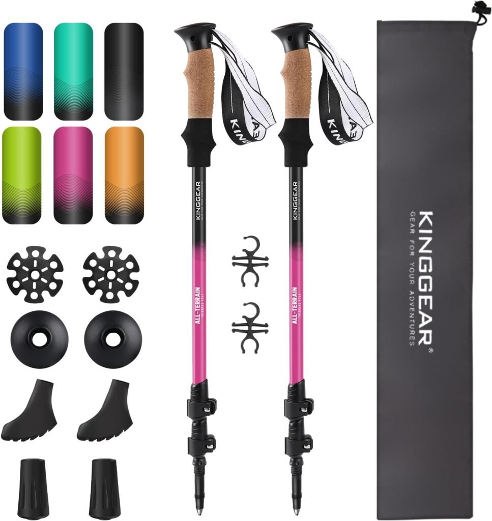 KINGGEAR Nordic Walking Stick, TP1 Hiking Poles Retractable Lightweight Aluminum, Trekking Poles with Flip Lock, Natural Cork and EVA Grip, 2pc Hiking Gear