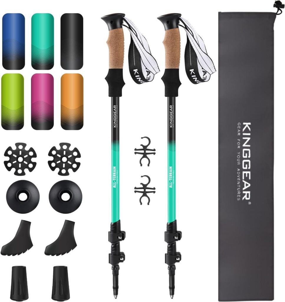 KINGGEAR Nordic Walking Stick, TP1 Hiking Poles Retractable Lightweight Aluminum, Trekking Poles with Flip Lock, Natural Cork and EVA Grip, 2pc Hiking Gear