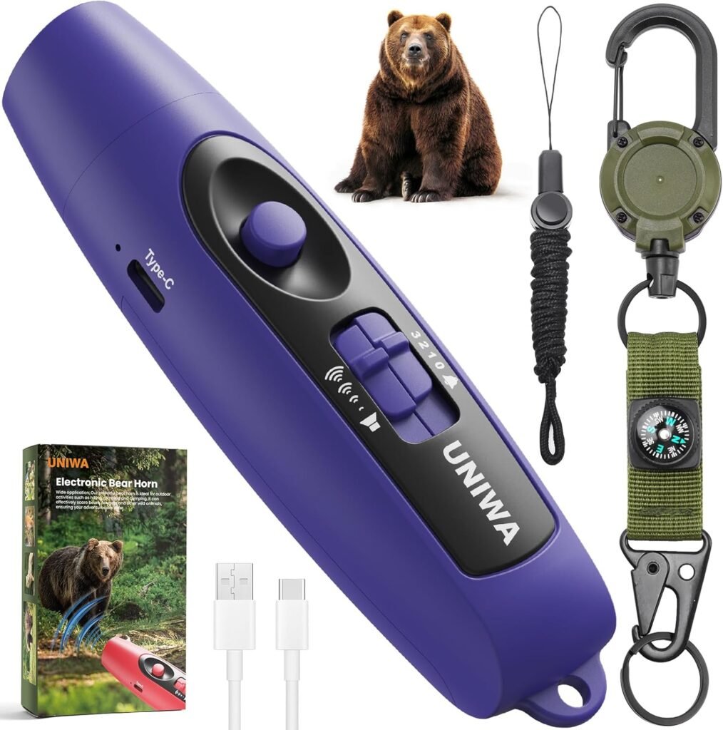 UNIWA Electronic Air Bear Horn, 120±5 dB Loud Air Horn for Safety Hiking Camping Emergency Whistle with Compass  Retractable Hook, Bear Horn to Scare Bears - Self Defense for Hiking