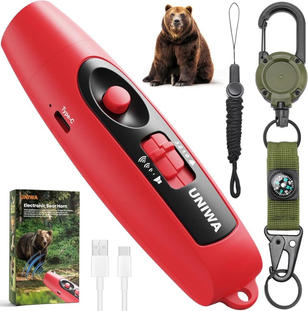 UNIWA Electronic Air Bear Horn, 120±5 dB Loud Air Horn for Safety Hiking Camping Emergency Whistle with Compass  Retractable Hook, Bear Horn to Scare Bears - Self Defense for Hiking