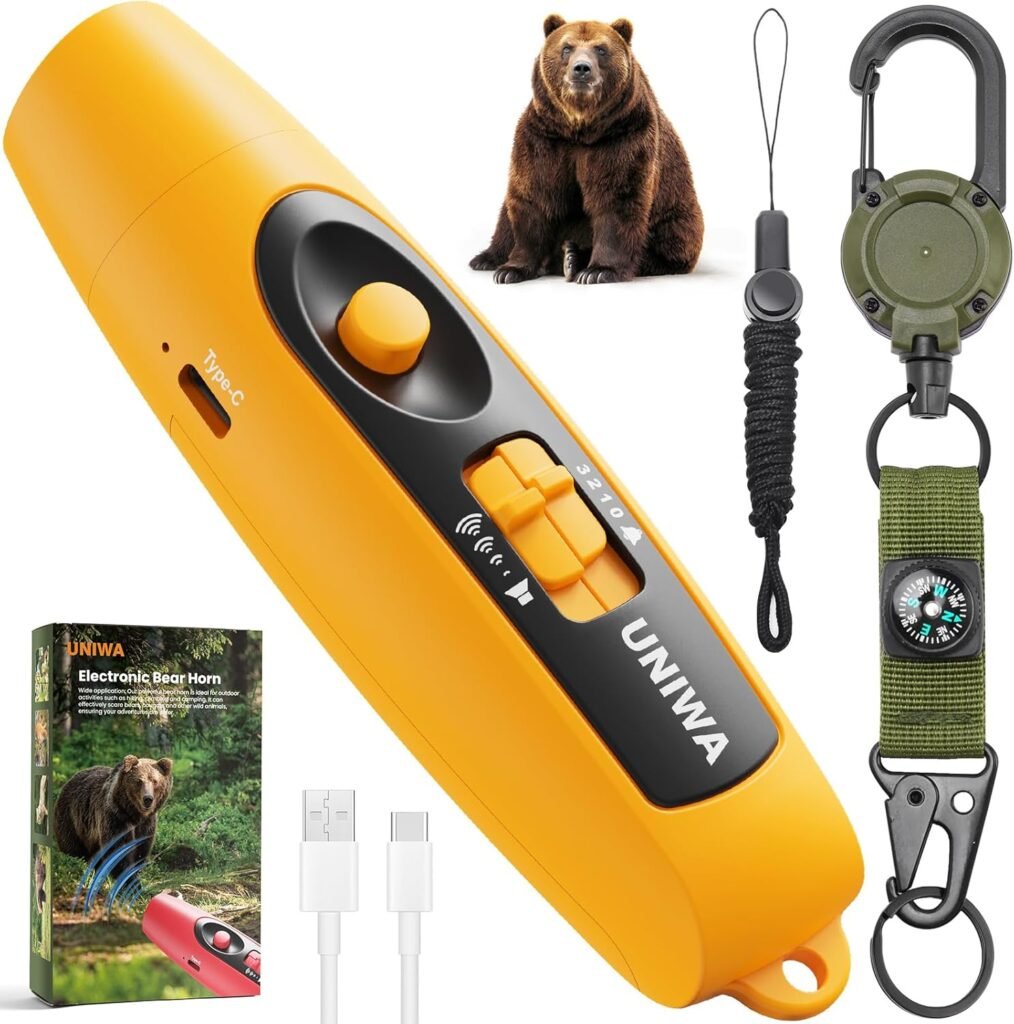 UNIWA Electronic Air Bear Horn, 120±5 dB Loud Air Horn for Safety Hiking Camping Emergency Whistle with Compass  Retractable Hook, Bear Horn to Scare Bears - Self Defense for Hiking