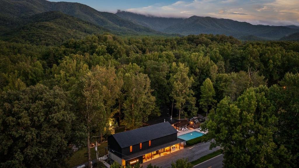 Outdoor saltwater pool at Roamstead Smoky Mountains in Cosby Tennessee