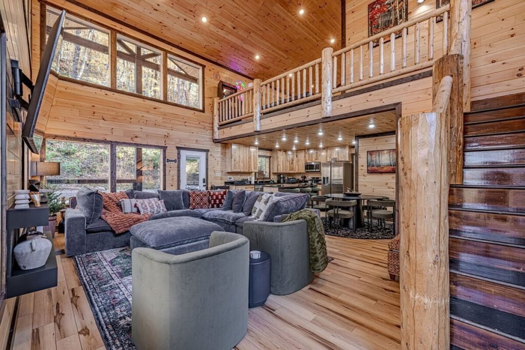 Spacious living room with fireplace in Gatlinburg cabin
